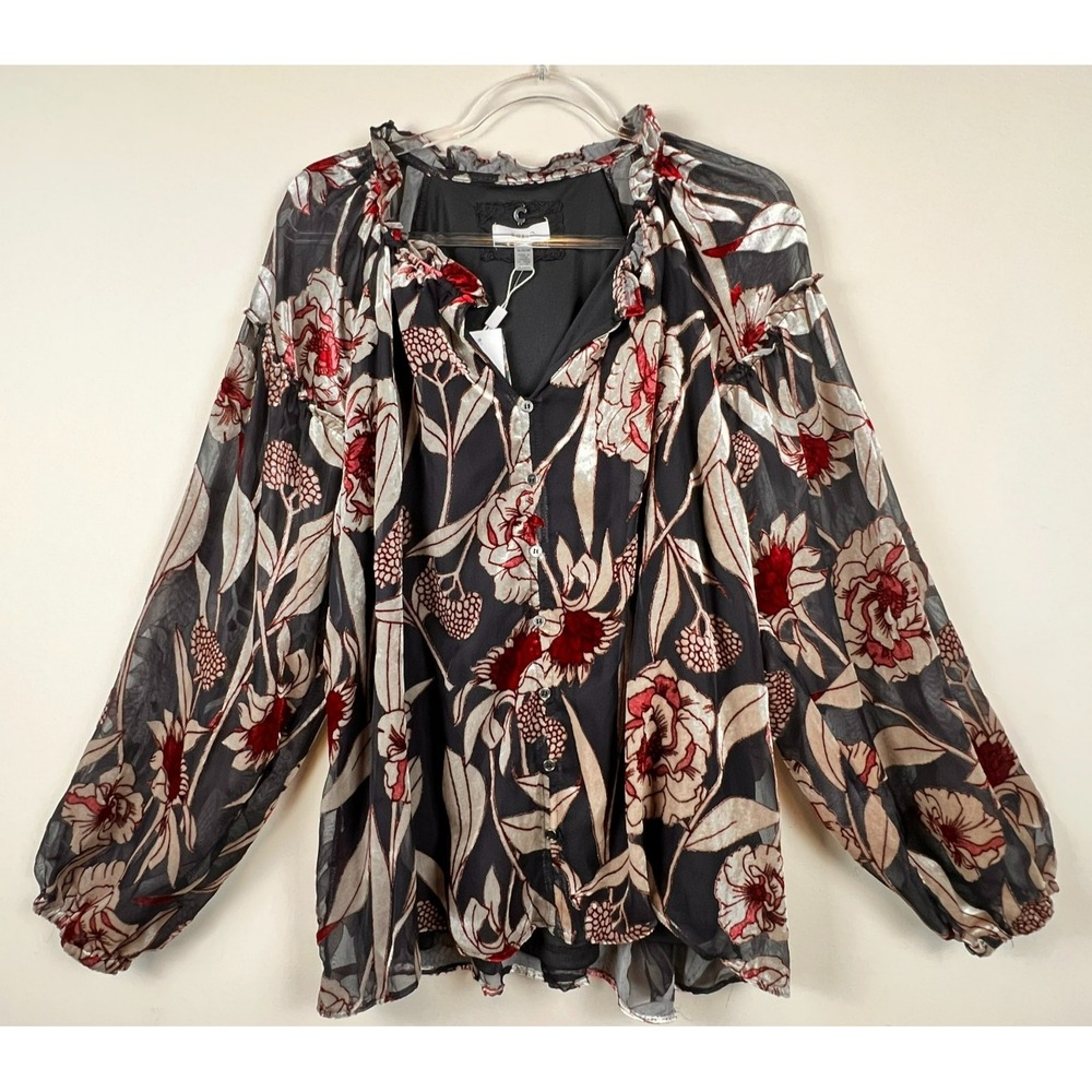 Cupio Sheer Burnout Floral Blouse Ruffle Neck Long Sleeve Button Front Top
